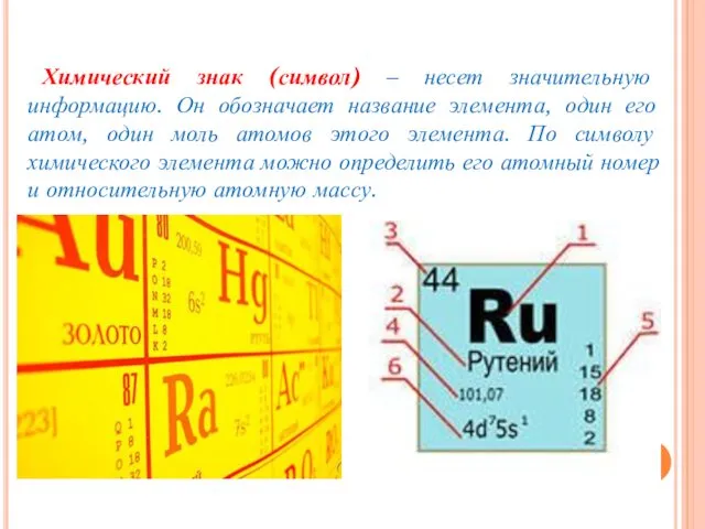 Химический знак (символ) – несет значительную информацию. Он обозначает название