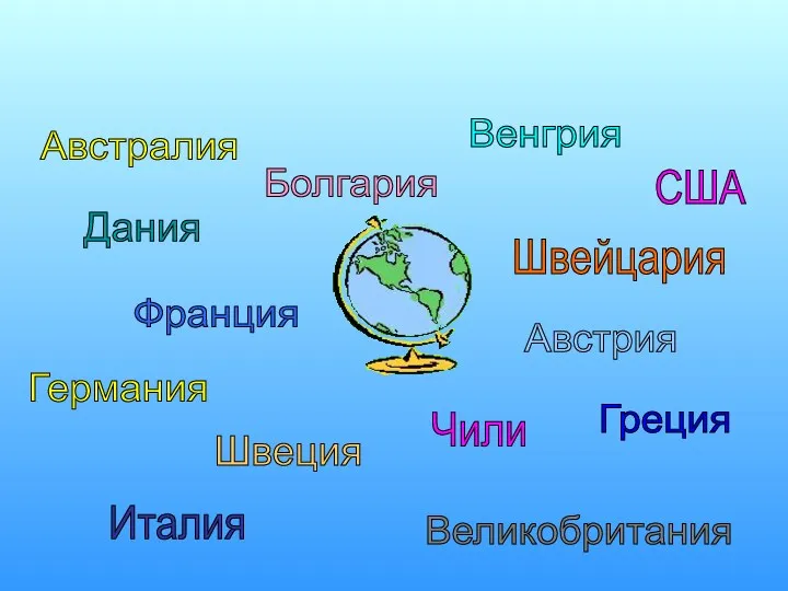 Австрия Австралия Швейцария Болгария Дания Венгрия США Германия Швеция Италия