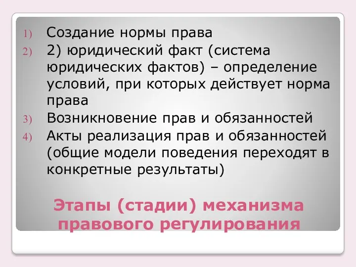 Этапы (стадии) механизма правового регулирования Создание нормы права 2) юридический