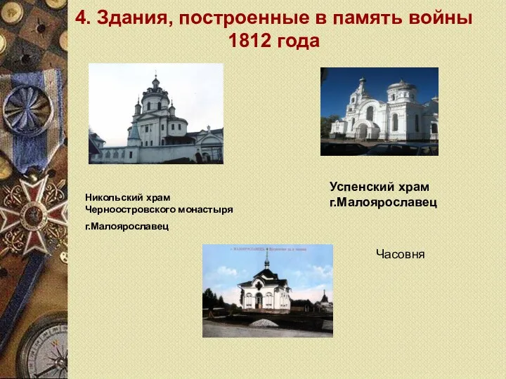 4. Здания, построенные в память войны 1812 года Никольский храм Черноостровского монастыря г.Малоярославец