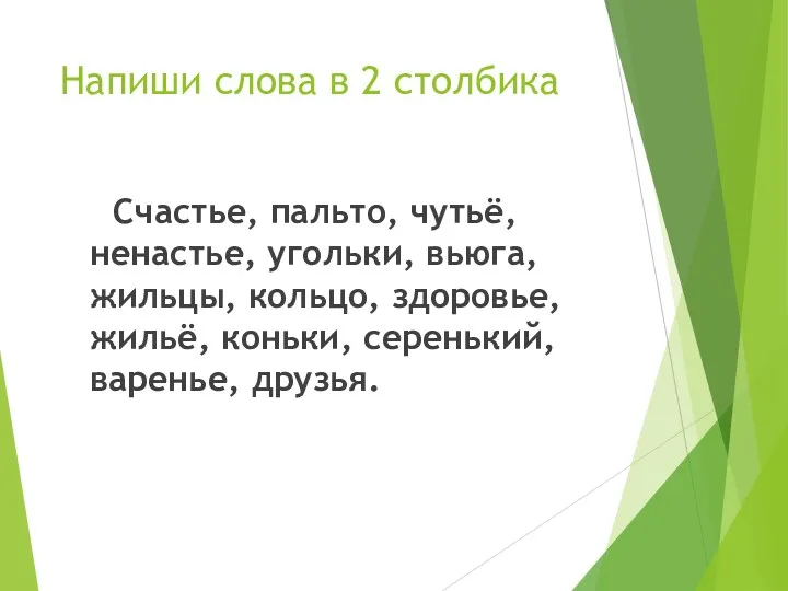 Напиши слова в 2 столбика Счастье, пальто, чутьё, ненастье, угольки,