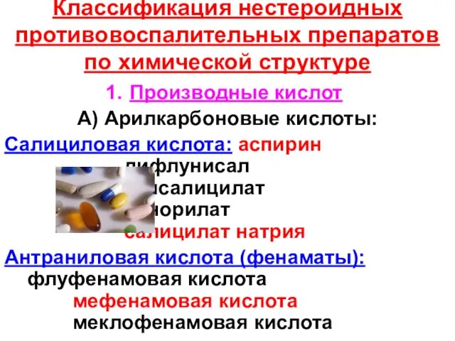 Классификация нестероидных противовоспалительных препаратов по химической структуре Производные кислот А)