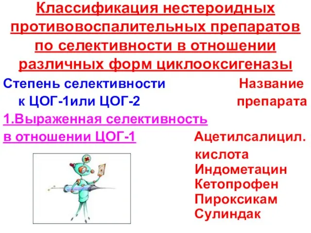 Классификация нестероидных противовоспалительных препаратов по селективности в отношении различных форм