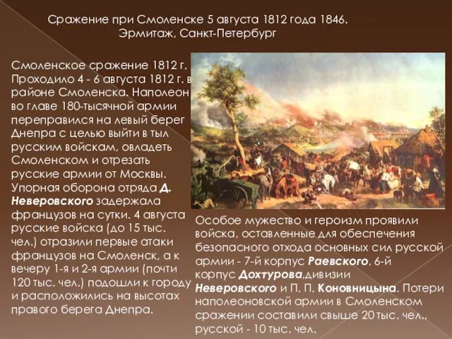 Сражение при Смоленске 5 августа 1812 года 1846.Эрмитаж, Санкт-Петербург Смоленское