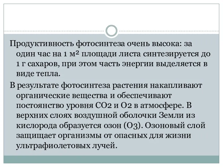 Продуктивность фотосинтеза очень высока: за один час на 1 м²