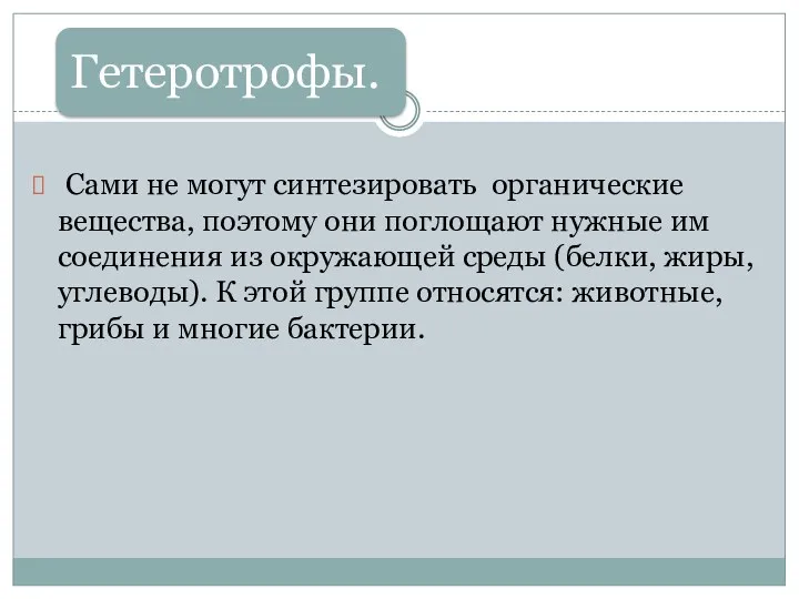 Сами не могут синтезировать органические вещества, поэтому они поглощают нужные