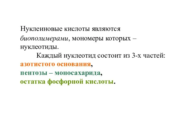 Нуклеиновые кислоты являются биополимерами, мономеры которых – нуклеотиды. Каждый нуклеотид