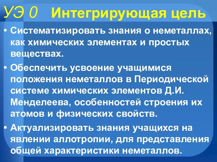 УЭ 0 Интегрирующая цель Систематизировать знания о неметаллах, как химических