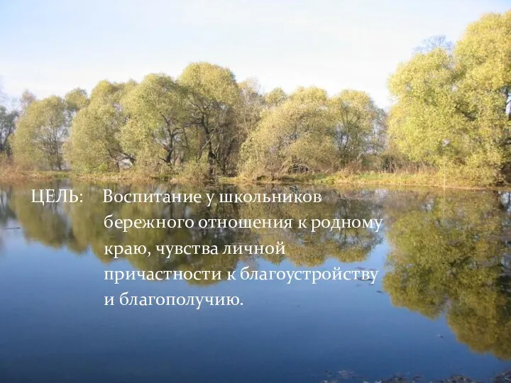 ЦЕЛЬ: Воспитание у школьников бережного отношения к родному краю, чувства личной причастности к благоустройству и благополучию.