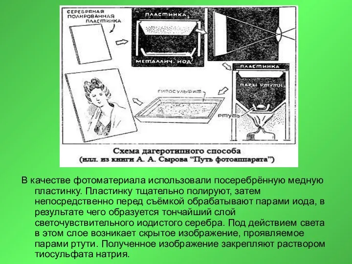 В качестве фотоматериала использовали посеребрённую медную пластинку. Пластинку тщательно полируют,