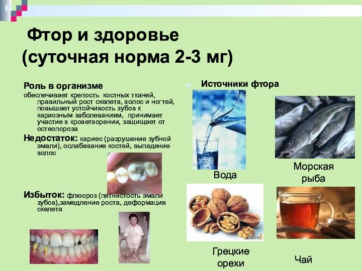 Фтор и здоровье (суточная норма 2-3 мг) Роль в организме