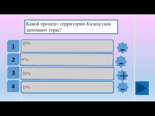 25% 9 % 10 % 15% Какой процент территории Казахстана