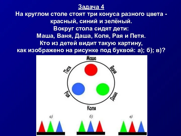 Задача 4 На круглом столе стоят три конуса разного цвета
