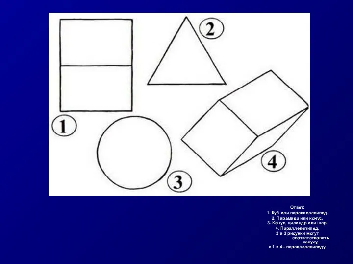 Ответ: 1. Куб или параллелепипед. 2. Пирамида или конус. 3.
