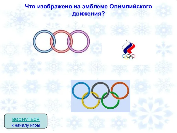 Что изображено на эмблеме Олимпийского движения? вернуться к началу игры