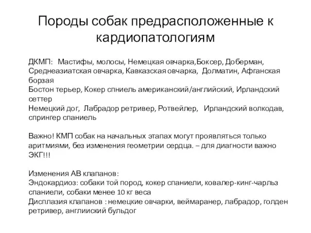 Породы собак предрасположенные к кардиопатологиям ДКМП: Мастифы, молосы, Немецкая овчарка,Боксер,