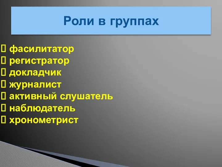 фасилитатор регистратор докладчик журналист активный слушатель наблюдатель хронометрист Роли в группах