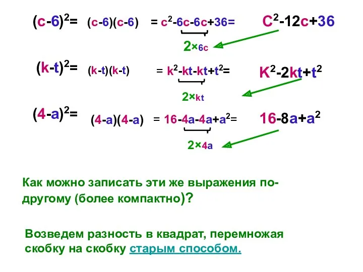 (с-6)2= (k-t)2= (4-a)2= Как можно записать эти же выражения по-другому
