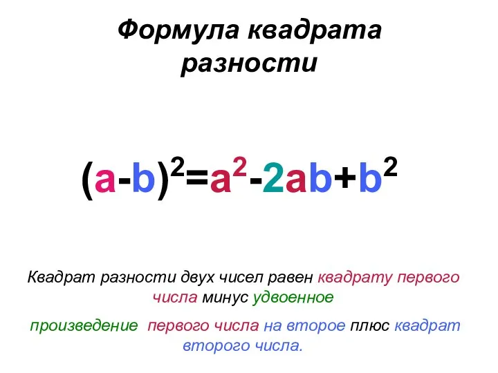 Формула квадрата разности (a-b)2=a2-2ab+b2 Квадрат разности двух чисел равен квадрату