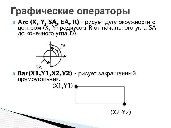 Аrс (X, Y, SA, EA, R) - рисует дугу окружности