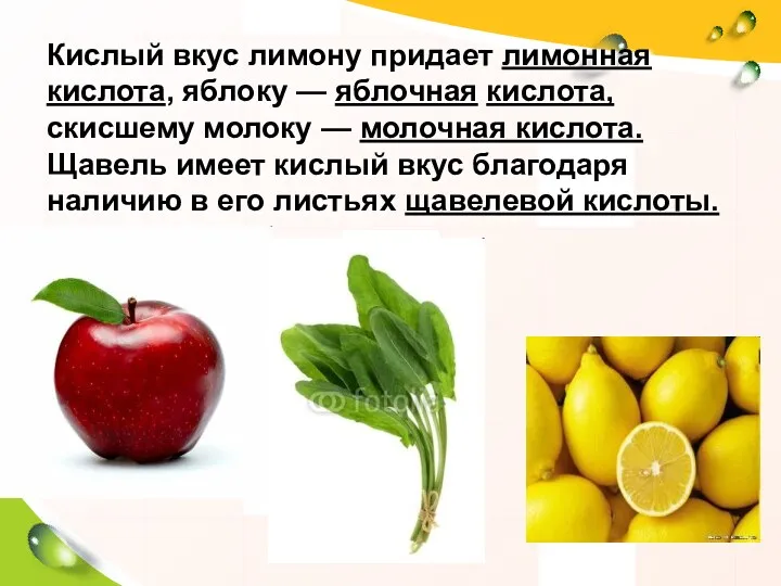 Кислый вкус лимону придает лимонная кислота, яблоку — яблочная кислота,