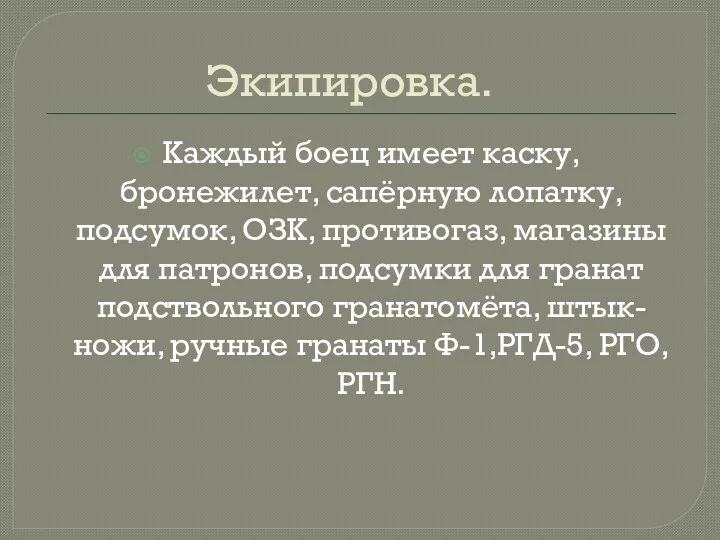 Экипировка. Каждый боец имеет каску, бронежилет, сапёрную лопатку, подсумок, ОЗК,