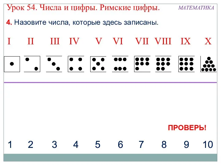 4. Назовите числа, которые здесь записаны. I II IV VII