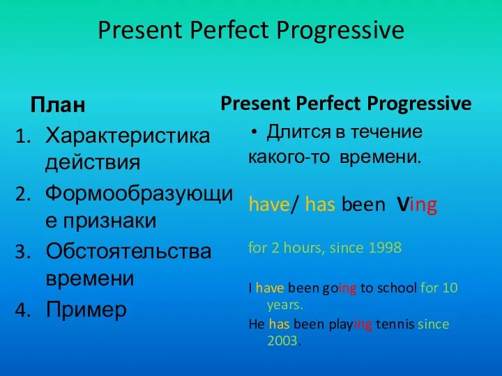 Present Perfect Progressive План Характеристика действия Формообразующие признаки Обстоятельства времени