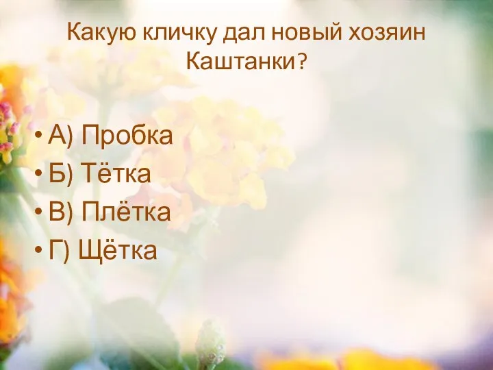 Какую кличку дал новый хозяин Каштанки? А) Пробка Б) Тётка В) Плётка Г) Щётка