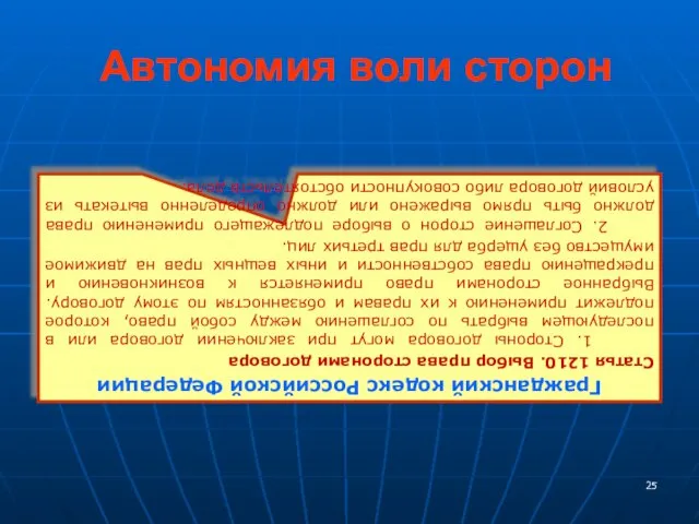 Автономия воли сторон Гражданский кодекс Российской Федерации Статья 1210. Выбор