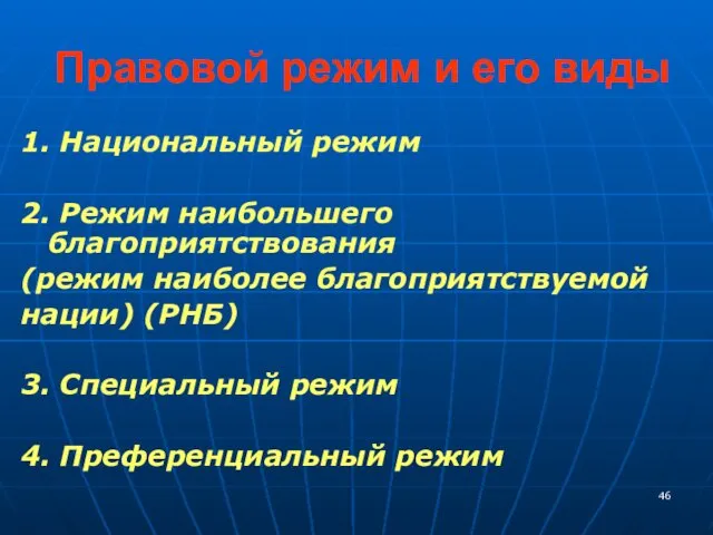 Правовой режим и его виды 1. Национальный режим 2. Режим