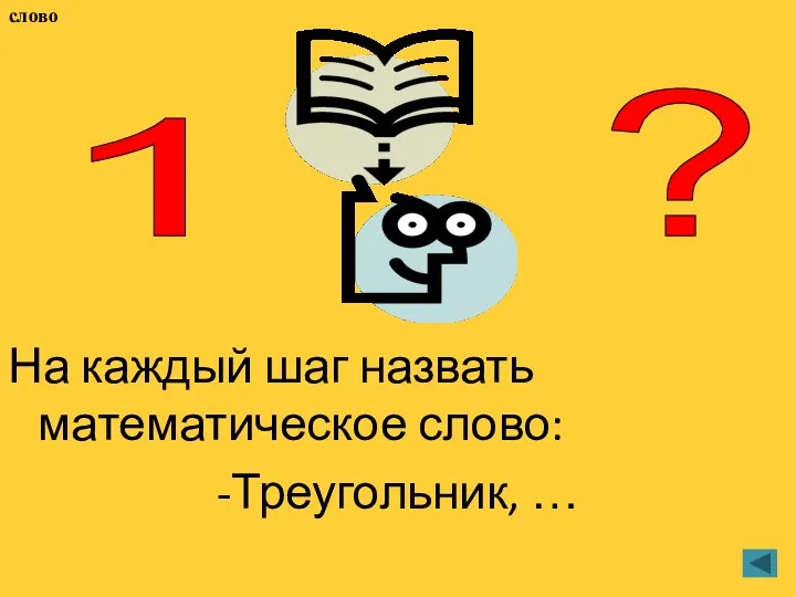 На каждый шаг назвать математическое слово: -Треугольник, … 1 ? слово