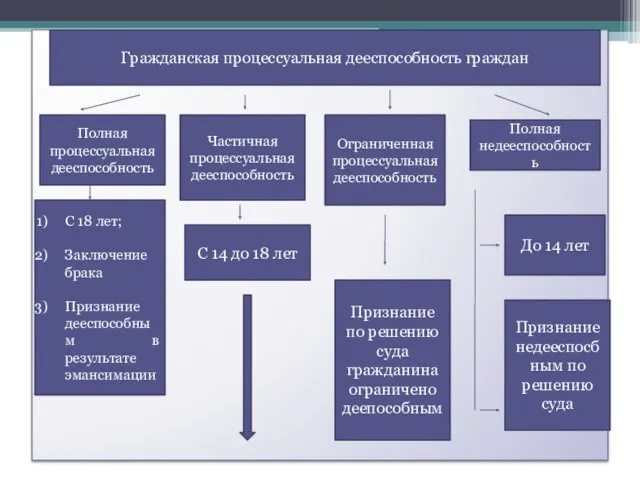 Гражданская процессуальная дееспособность граждан Полная процессуальная дееспособность Полная недееспособность С