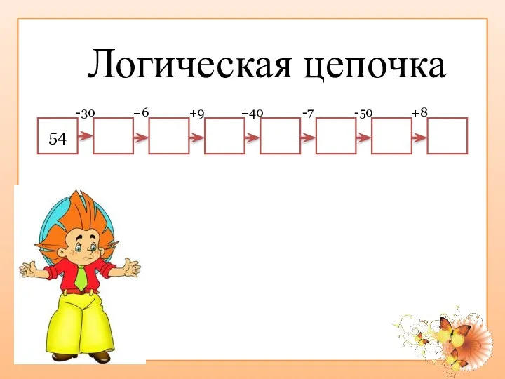 Логическая цепочка 54 -30 +6 +9 +40 -7 -50 +8