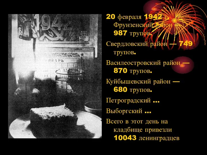 20 февраля 1942 г. Фрунзенский район — 987 трупов. Свердловский