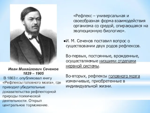 Иван Михайлович Сеченов 1829 – 1905 В 1863 г. опубликовал