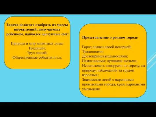 Задача педагога отобрать из массы впечатлений, получаемых ребенком, наиболее доступные