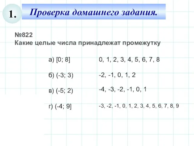 Проверка домашнего задания. 1. №822 Какие целые числа принадлежат промежутку