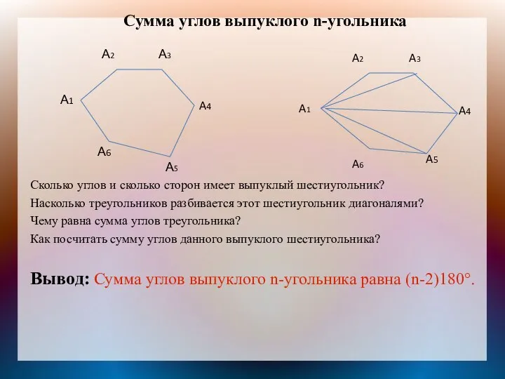 Сумма углов выпуклого n-угольника Сколько углов и сколько сторон имеет