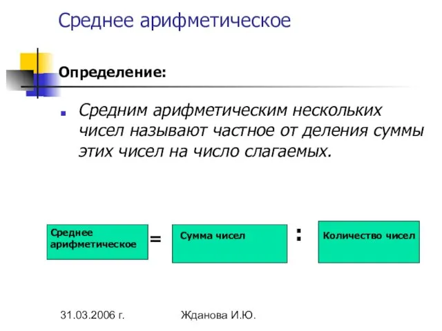 31.03.2006 г. Жданова И.Ю. Количество чисел Среднее арифметическое Средним арифметическим