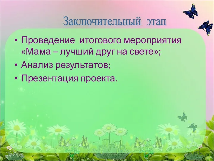 Проведение итогового мероприятия «Мама – лучший друг на свете»; Анализ результатов; Презентация проекта. Заключительный этап