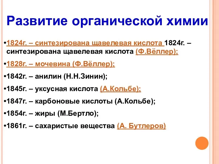 Развитие органической химии 1824г. – синтезирована щавелевая кислота 1824г. –