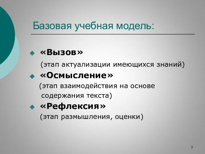 Базовая учебная модель: «Вызов» (этап актуализации имеющихся знаний) «Осмысление» (этап