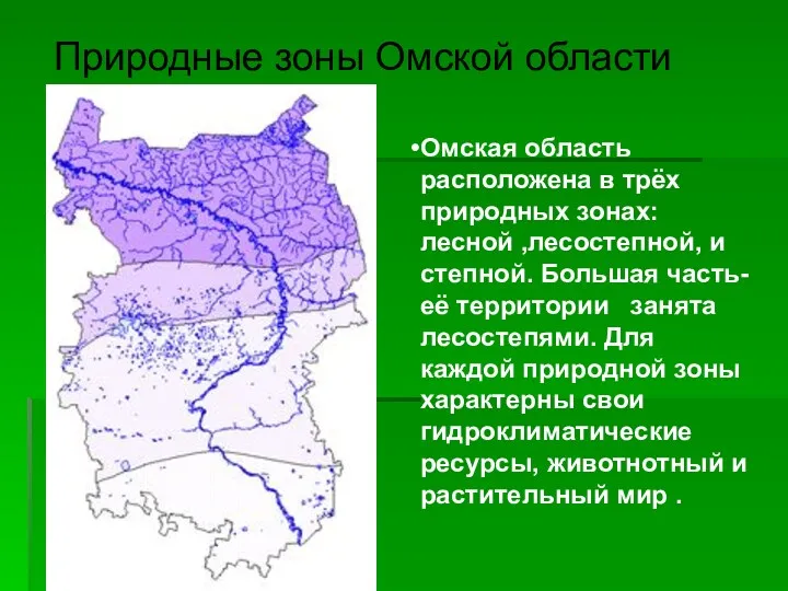 Природные зоны Омской области Омская область расположена в трёх природных зонах: лесной ,лесостепной,