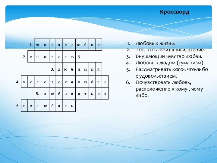 Кроссворд Любовь к жизни. Тот, кто любит книги, чтение. Внушающий чувство любви. Любовь
