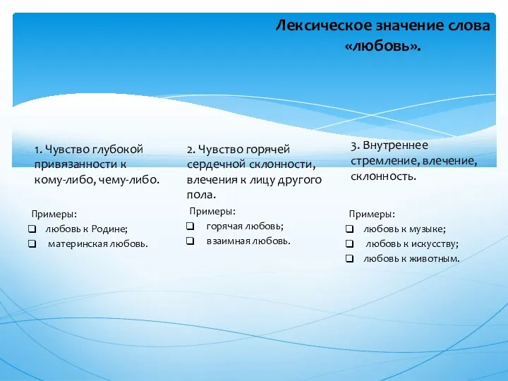 Лексическое значение слова «любовь». 1. Чувство глубокой привязанности к кому-либо, чему-либо. 2. Чувство