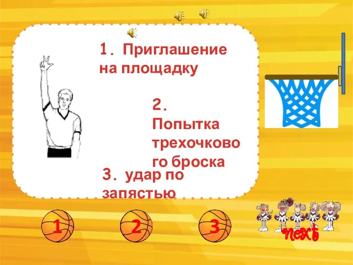 next 1. Приглашение на площадку 2. Попытка трехочкового броска 3. удар по запястью