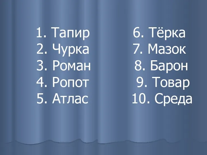 1. Тапир 6. Тёрка 2. Чурка 7. Мазок 3. Роман