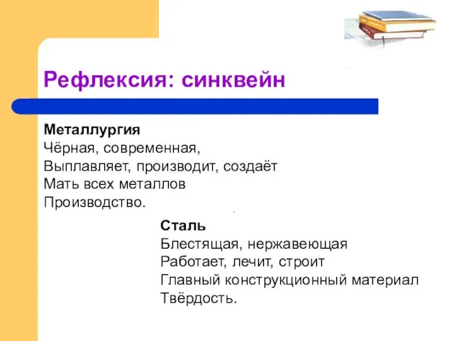 Рефлексия: синквейн . Металлургия Чёрная, современная, Выплавляет, производит, создаёт Мать