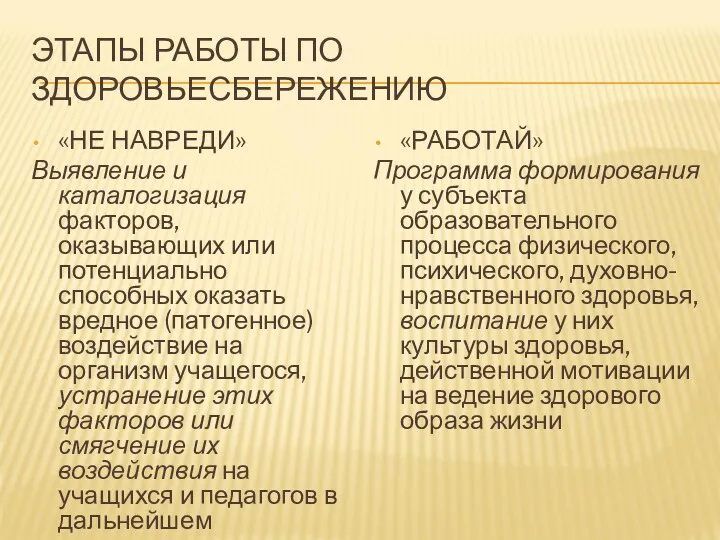 ЭТАПЫ РАБОТЫ ПО ЗДОРОВЬЕСБЕРЕЖЕНИЮ «НЕ НАВРЕДИ» Выявление и каталогизация факторов, оказывающих или потенциально